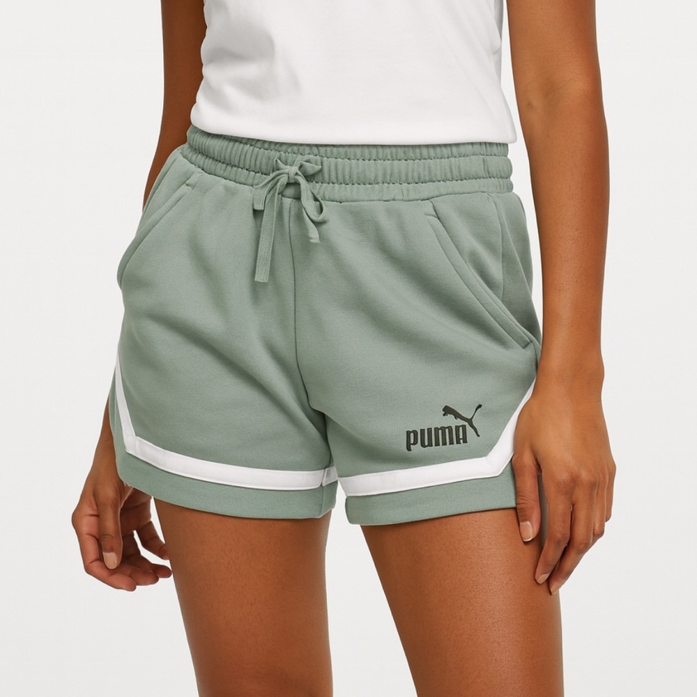 PUMA Fleece Dolphin Hem Shorts Small Green White Striped Athleisure Streetwear - Picture 15 of 15